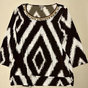 Brown & White Blouse with Beaded Neckline